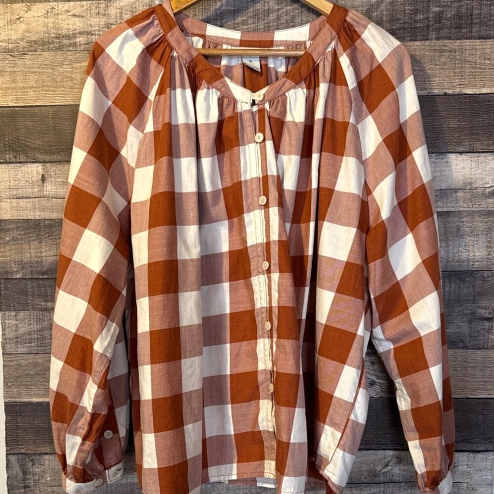 Duluth Rust & Cream Plaid Organic Cotton Button Up Blouse XL Fall Cottagecore